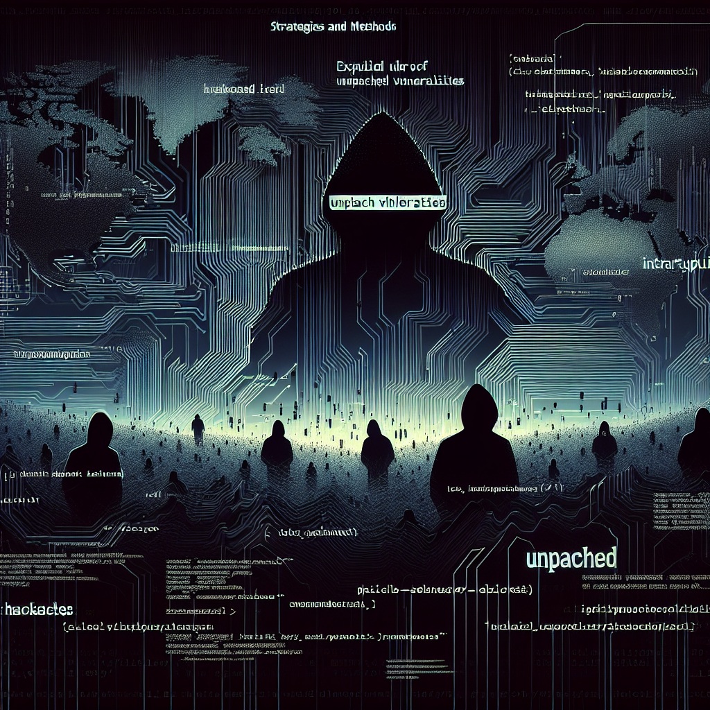 "Infographic illustrating common methods hackers use to exploit unpatched vulnerabilities in software, highlighting strategies such as phishing attacks, malware deployment, and network breaches."